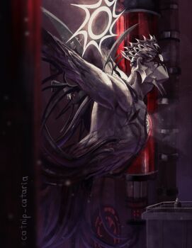 1other catnip_cataria colored_veins column crown feet_out_of_frame glowing glowing_eyes guardian_angel_(pressure) halo highres horror_(theme) indoors leaning_forward muscular muscular_male no_mouth no_shirt one-eyed outstretched_arms pillar pressure_(roblox) solo spawn_(roblox) spotlight tentacles third_eye_on_chest wings