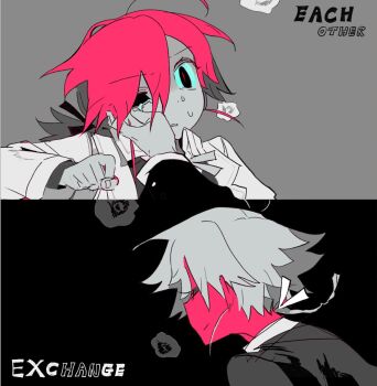 1boy 1girl black_background closed_eyes colored_skin english_text grey_background hand_on_another&#039;s_face low_ponytail mk1liaoqian original ponytail short_hair smile spot_color squiggle sweat tears