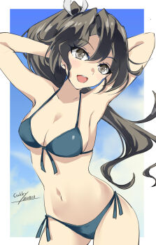 1girl arms_behind_head bikini blue_bikini blue_sky breasts cleavage cloud front-tie_bikini_top front-tie_top gakky grey_eyes grey_hair highres kantai_collection long_hair looking_at_viewer medium_breasts navel one-hour_drawing_challenge ponytail side-tie_bikini_bottom sky smile solo swimsuit zuikaku_(kancolle) zuikaku_(swimsuit)_(kancolle) zuikaku_kai_ni_(kancolle)