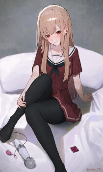 1girl absurdres artist_name bed black_neckerchief black_pantyhose blush breasts closed_mouth commentary_request condom condom_wrapper egg_vibrator furen_e_lustario furen_e_lustario_(school_uniform) highres hitachi_magic_wand holding_own_leg knee_up light_brown_hair medium_breasts neckerchief nijisanji on_bed pantyhose pillow red_eyes red_shirt red_skirt sailor_collar school_uniform serafuku sex_toy shirt short_sleeves sitting skirt smile solo sooon twitter_username vibrator virtual_youtuber watermark white_sailor_collar