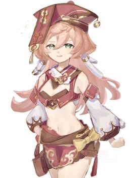 1girl antlers bow breasts cowboy_shot crop_top deer_antlers detached_sleeves genshin_impact green_eyes hair_between_eyes hand_on_own_hip hat highres horns light_blush long_hair long_sleeves looking_at_viewer orange_hair parted_lips puffy_detached_sleeves puffy_sleeves red_hat red_scarf red_skirt scarf simple_background skirt small_breasts solo stomach suwa_(swk_kkk) twitter_username watermark white_background xiezhi_guan yanfei_(genshin_impact) yellow_bow