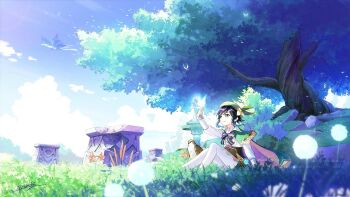 1boy animal aqua_hair beret bird black_hair blue_sky braid brown_corset cape capelet cecilia_flower_(genshin_impact) cloud cloudy_sky commentary_request corset dvalin_(genshin_impact) flower genshin_impact gradient_hair grass green_cape green_capelet green_hat green_shorts hair_flower hair_ornament hat kaminaga_mutsumi long_sleeves multicolored_hair on_grass outdoors pantyhose shirt shorts side_braids sitting sky solo statue tree twin_braids venti_(genshin_impact) vision_(genshin_impact) white_flower white_pantyhose white_shirt