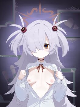 1girl absurdres bags_under_eyes black_choker blue_archive breasts brown_halo choker closed_mouth collared_shirt crossed_bangs dot_nose expressionless hair_between_eyes hair_over_one_eye halo hands_up highres inverted_nipples kanoe_(blue_archive) loli long_hair long_sleeves looking_at_viewer nipples one_eye_covered open_clothes open_shirt shirt sleeve_cuffs small_breasts solo standing unbuttoned unbuttoned_shirt very_long_hair white_shirt whoning1