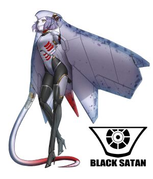 1girl bodysuit boots colored_skin commentary covered_navel cross-shaped_pupils cyborg eidenjyou1997 emblem english_commentary full_body genderswap genderswap_(mtf) high_heel_boots high_heels highres kamen_rider kamen_rider_stronger_(series) kikkaijin_denkiei looking_at_viewer mechanical_arms monster_girl no_hands purple_hair purple_skin robot_ears sharp_teeth short_hair simple_background smile solo standing standing_on_one_leg symbol-shaped_pupils teeth thigh_boots white_background yellow_eyes