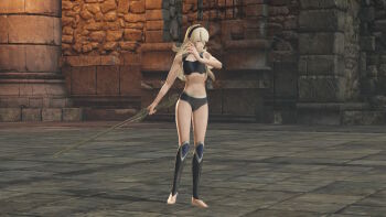 1girl 3d armor armpits bare_shoulders barefoot bra breasts broken_armor building cleavage collarbone female_corrin_(fire_emblem) feet female_focus fighting_pose fingernails fire_emblem fire_emblem_fates fire_emblem_warriors hair_ornament hairband holding holding_sword holding_weapon legs long_hair medium_breasts midriff multicolored_underwear navel neck nintendo official_alternate_costume official_underwear outdoors pale_skin panties pointy_ears red_eyes serious silver_hair solo standing sword thighs tiptoes toenails toes underwear underwear_only weapon