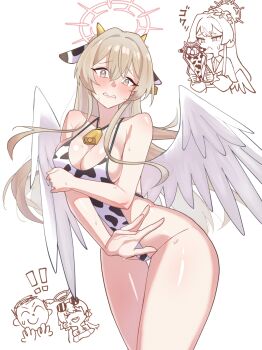 1boy 2girls alternate_costume animal_ears animal_print bare_legs bell blonde_hair blue_archive blush breasts cow_ears cow_horns cow_print cowbell doodle_sensei_(blue_archive) ear_tag fake_animal_ears fake_horns feathered_wings halo hifumi_(blue_archive) hifumi_(swimsuit)_(blue_archive) highleg highleg_one-piece_swimsuit highres horns large_breasts long_hair low_wings multiple_girls nagisa_(blue_archive) neck_bell one-piece_swimsuit print_swimsuit sensei_(blue_archive) super_highleg swimsuit white_wings wings yellow_eyes zilaishui