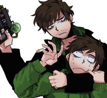 Rule 34 | 2boys, age difference, animification, antenna hair, arm around neck, bags under eyes, beard stubble, black coat, black eyes, brown hair, coat, commentary request, drawstring, dual persona, edd (eddsworld), eddsworld, energy gun, facial hair, frown, future edd (eddsworld), green hoodie, hand up, highres, holding ray gun, hood, hood down, hoodie, jitome, long sleeves, looking at another, looking down, male focus, mature male, multiple boys, open clothes, open coat, partial commentary, rainbowmisosoup, ray gun, scared, short hair, simple background, stubble, sweat, swept bangs, time paradox, trench coat, weapon, white background, wide-eyed