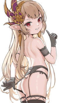 1girl absurdres adjusting_clothes adjusting_panties armband ass bare_back black_garter_belt black_gloves black_panties black_thighhighs blonde_hair breasts cowboy_shot earrings finger_to_mouth garter_belt gloves granblue_fantasy granblue_fantasy:_relink grin hairband highres hongye_feixue index_finger_raised jewelry lace lace-trimmed_panties lace_trim loli long_hair looking_at_viewer maglielle_(granblue_fantasy:_relink) median_furrow panties panty_pull pointy_ears red_hair shushing small_breasts smile solo thighhighs topless_female underwear underwear_only v-shaped_eyebrows very_long_hair wedgie white_background yellow_hairband