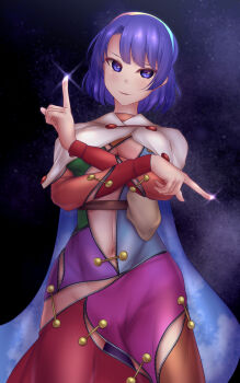 1girl blue_eyes blue_hair breasts cape cloak cowboy_shot hairband highres large_breasts looking_at_viewer midriff multicolored_clothes multicolored_hairband navel night patchwork_clothes pointing rainbow_gradient short_hair shounen_(hogehoge) sky sky_print stomach tenkyuu_chimata touhou unzipped yellow_bag zipper