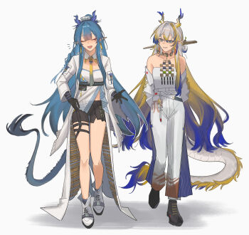 2girls arknights arms_behind_back bead_necklace beads black_shoes black_shorts blonde_hair blue_hair breasts closed_eyes collarbone dragon_girl dragon_horns dragon_tail earrings eastern_dragon_horns eastern_dragon_tail full_body green_eyes hair_between_eyes hair_ornament hand_on_own_hip highres horns jacket jewelry ling_(arknights) long_hair medium_breasts multiple_girls necklace open_mouth pants pointy_ears rena_(rrena) shirt shoes short_shorts shorts shu_(arknights) siblings simple_background sisters strapless strapless_shirt tail tassel tassel_earrings very_long_hair walking white_background white_hair white_jacket white_pants white_shirt white_shoes