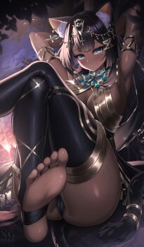 1girl ancient_egyptian_clothes animal_ear_fluff animal_ears ankh armlet armpits arms_behind_head black_hair black_thighhighs blue_eyes breasts cat_ears cat_girl cat_tail commentary crossed_legs dark-skinned_female dark_skin eiryu33 gold gold_armlet highres jewelry looking_at_viewer medium_breasts original short_hair solo stirrup_legwear tail thighhighs toeless_legwear usekh_collar