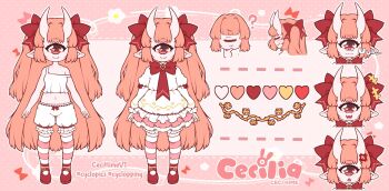 1girl 2024 absurdres artist_name bloomers bow cecihime cecilia_rosenkreutz character_name flat_chest highres horns indie_virtual_youtuber loli one-eyed oni_girl orange_hair pink_background pointy_ears red_bow red_eyes reference_sheet smile standing underwear white_bloomers