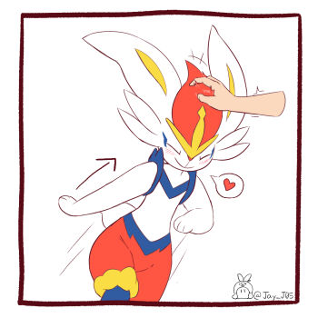 +++ 1girl ^_^ animal_hands animal_nose arm_at_side arrow_(symbol) artist_name blue_fur body_fur border cinderace closed_eyes closed_mouth disembodied_hand female_focus flat_chest flat_color furry furry_female gen_8_pokemon hand_on_another's_head hand_up happy headpat heart j.jama jumping motion_lines multicolored_fur nintendo pokemon pokemon_(creature) rabbit_ears rabbit_girl rabbit_tail red_fur red_hair short_hair short_tail signature simple_background smile solo_focus speech_bubble spoken_heart tail twitter_username white_background white_fur yellow_fur