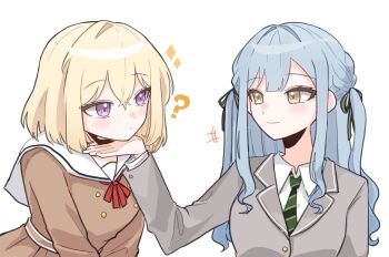 2girls at_09098 bang_dream! bang_dream!_it&#039;s_mygo!!!!! black_ribbon blonde_hair blue_hair brown_dress commentary diagonal-striped_clothes diagonal-striped_necktie dress green_necktie grey_jacket hair_ribbon hanasakigawa_school_uniform hand_on_another&#039;s_chin head_rest jacket korean_commentary long_hair misumi_uika multiple_girls necktie purple_eyes ribbon sailor_collar sailor_dress school_uniform sidelocks simple_background striped_clothes togawa_sakiko white_background white_sailor_collar yellow_eyes