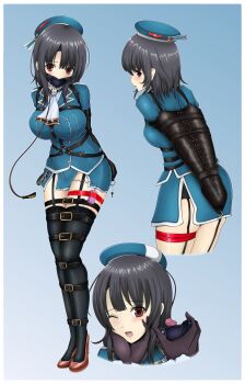 1girl absurdres applying_gag arm_binder armbinder arms_behind_back ascot bdsm belt beret black_hair black_thighhighs blue_hat blush bondage bound bound_ankles bound_arms bound_legs breasts collar commentary_request dildo_gag egg_vibrator gag gagged garter_straps harness hat high_heels highres kantai_collection large_breasts leash looking_at_viewer microskirt military military_uniform multiple_views nkgw panel_gag panties red_eyes restrained sex_toy shibari shibari_over_clothes short_hair skirt slave solo_focus takao_(kancolle) thighhighs underwear vibrator vibrator_cord vibrator_under_clothes vibrator_under_panties zettai_ryouiki