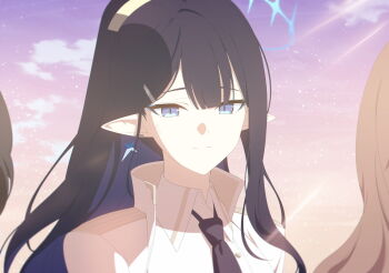 3girls alternate_costume artist_request ayane_(blue_archive) ayumu_(blue_archive) black_hair black_necktie blonde_hair blue_archive blue_eyes blue_halo closed_mouth cloud coat collared_shirt earrings formal_clothes game_cg gold_trim hair_between_eyes hair_ornament hairpin halo high_collar highres jewelry light_rays long_coat long_hair loose_necktie multiple_girls necktie non-web_source official_alternate_costume official_art out_of_frame pointy_ears rin_(blue_archive) shirt short_hair shoulder_pads single_sidelock sky smile solo_focus suit utnapishtim_operator_uniform_(blue_archive) white_coat white_suit yellow_sky