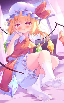 1girl absurdres ascot bed blonde_hair bloomers blush crystal crystal_wings feet flandre_scarlet hair_between_eyes hat hat_ribbon highres indoors loli looking_at_viewer mob_cap ohitoriplayer open_mouth puffy_short_sleeves puffy_sleeves red_eyes red_vest ribbon short_hair short_sleeves side_ponytail sitting skirt socks solo tongue tongue_out touhou underwear vest white_socks window wings yellow_ascot