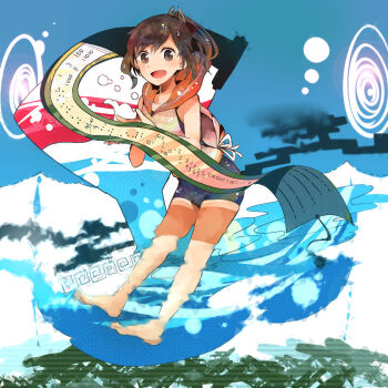 10s 1girl bare_shoulders blouse brown_eyes brown_hair female_focus highres i-401_(kancolle) itomugi-kun kantai_collection long_hair morse_code one-piece_swimsuit open_mouth personification ponytail sailor_collar school_swimsuit school_uniform scroll shirt short_hair short_ponytail smile solo swimsuit water
