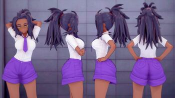 1girl 3d absurdres alternate_costume artist_request ass breasts dark_skin expressionless highres large_breasts long_hair looking_at_viewer nintendo pokemon pokemon_sv ponytail purple_eyes purple_hair raifort_(pokemon) school_uniform semi-rimless_eyewear short_shorts shorts solo under-rim_eyewear very_long_hair wide_hips