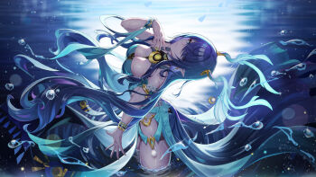 1girl absurdres antlers arched_back armlet blue_dress blue_eyes breasts cleavage commentary deer_antlers deer_girl dress ermu_(enmmm) floating_hair from_side genshin_impact gold gold_armlet hair_between_eyes hair_over_one_eye halterneck hand_up highres horn_ornament horns large_breasts lauma_(genshin_impact) lens_flare light_particles long_hair looking_at_viewer moonlight night pointy_ears purple_hair reflection reflective_liquid sleeveless solo thighs very_long_hair water water_drop