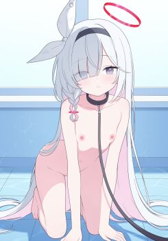 1girl absurdly_long_hair absurdres all_fours bdsm black_collar blue_archive collar colored_inner_hair completely_nude flat_chest grey_hair heart heart-shaped_pupils highres jyt leash loli long_hair looking_at_viewer multicolored_hair nipples nude plana_(blue_archive) slave symbol-shaped_pupils two-tone_hair very_long_hair