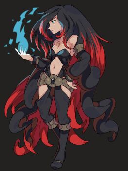 1girl bare_shoulders black_hair blue_fire chest_tattoo collarbone commission crow_(gravity_daze) detached_sleeves fire full_body gravity_daze highres multicolored_hair navel parted_lips pyrokinesis red_hair revealing_clothes solo tattoo two-tone_hair yasaikakiage