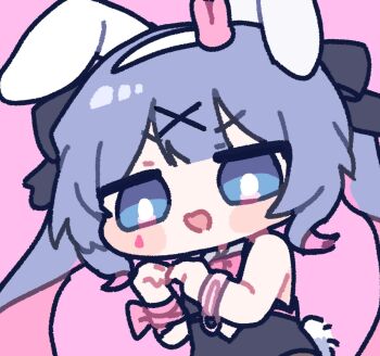 1girl animal_ears arms_up bare_shoulders black_leotard black_ribbon blue_eyes blue_hair blush bow bowtie chibi chibi_only clothing_cutout cutout_above_navel detached_collar fake_animal_ears hair_ornament hair_ribbon hashtag-only_commentary hatsune_miku heart_cutout highres leotard looking_at_viewer lying miratsu_(miratsu169) on_back pantyhose pink_background pink_ribbon playboy_bunny rabbit_ears rabbit_hole_(vocaloid) rabbit_tail ribbon simple_background tail twintails vocaloid x_hair_ornament