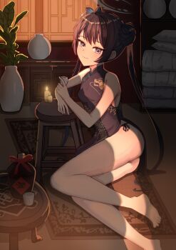 1girl 2_shot_coffee ass bare_legs bare_shoulders barefoot black_dress black_hair black_pantyhose blue_archive blush bottle breasts butterfly_hair_ornament candle carpet china_dress chinese_clothes choko_(cup) closed_mouth cup double_bun dragon_print dress feet grey_eyes grey_halo hair_between_eyes hair_bun hair_ornament halo hand_up highres holding holding_cup kisaki_(blue_archive) loli long_hair looking_at_viewer lying on_side panties pantyhose pelvic_curtain plant potted_plant sake_bottle side-tie_panties sleeveless sleeveless_dress small_breasts smile solo toes twintails underwear very_long_hair wooden_stool