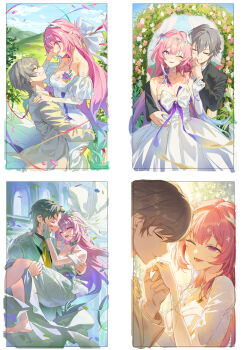 1boy 1girl absurdres after_kiss bride caelus_(honkai:_star_rail) carrying closed_eyes cyrene_(honkai:_star_rail) dl_(dl_6ix) dress formal_clothes gradient_hair grey_hair groom highres honkai:_star_rail honkai_(series) husband_and_wife jewelry kiss long_hair looking_at_another multicolored_hair one_eye_closed open_mouth pink_hair princess_carry ring smile suit trailblazer_(honkai:_star_rail) wedding wedding_dress wedding_ring
