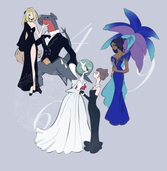 4girls black_bow black_bowtie black_dress black_gloves black_hair blonde_hair blue_dress bob_cut bow bowtie brown_hair claws clothed_pokemon collared_shirt cynthia_(pokemon) dark_skin diantha_(pokemon) dragon dress elbow_gloves garchomp gardevoir geeta_(pokemon) gen_3_pokemon gen_4_pokemon glimmora gloves grey_background hair_over_one_eye highres mega_gardevoir mega_pokemon multiple_girls nintendo pink_eyes pokemon pokemon_(creature) pokemon_day pokemon_dppt pokemon_sv pokemon_xy rendoll shirt side_slit simple_background tuxedo watermark white_dress white_shirt