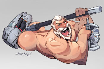 1boy :d arts_of_indiego ass bara beard between_buttocks cup facial_hair full_beard hammer highres holding holding_hammer large_hands large_pectorals laughing lying male_focus mature_male mug muscular muscular_male nude old old_man on_stomach open_mouth overwatch partially_blind pectorals receding_hairline reinhardt_(overwatch) scar scar_across_eye scar_on_face short_hair smile thick_beard tongue white_hair