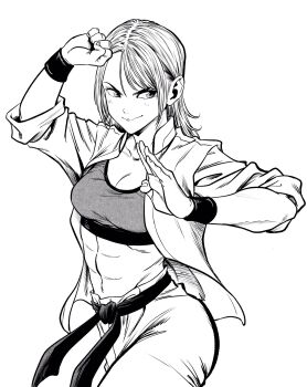 Rule 34 | 1girl, abs, asymmetrical bangs, belt, breasts, chinese clothes, commentary request, cowboy shot, crop top, fighting stance, greyscale, hatching (texture), highres, jacket, lee (dragon garou), long hair, medium breasts, monochrome, open clothes, open jacket, original, smile, solo, sports bra, tangzhuang, toned, toned female, v-shaped eyebrows, wristband
