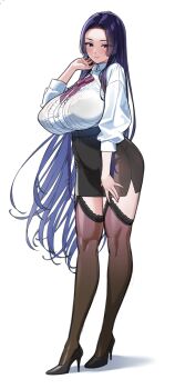 1girl black_bra black_shoes black_skirt blue_eyes blush bra breasts closed_mouth collared_shirt commentary_request full_body garter_straps grey_thighhighs high_heels highres large_breasts lips long_hair long_sleeves looking_at_viewer miniskirt neck_ribbon ogre_(illustogre) original ribbon see-through_clothes see-through_shirt shirt shoes simple_background skirt smile solo standing thighhighs underwear white_background white_shirt