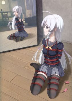 1girl absurdres ahoge arms_behind_back ayachi_nene bdsm black_jacket black_thighhighs bondage bound bound_arms bound_breasts bound_legs bound_thighs bound_torso breasts chinese_commentary closed_mouth collarbone commentary_request commission egg_vibrator feet female_focus forced_orgasm frogtie frown full-length_mirror full_body furrowed_brow grey_hair grey_sailor_collar grey_skirt hair_ribbon highres implied_masturbation indoors jacket liangfangliangfangliang long_hair long_sleeves looking_at_mirror medium_breasts miniskirt mirror no_shoes on_floor plaid_clothes plaid_skirt pleated_skirt profile purple_eyes purple_ribbon reflection remote_control_vibrator restrained ribbon sailor_collar sanoba_witch school_uniform second-party_source serafuku sex_toy shibari shibari_over_clothes sidelocks sitting skindentation skirt soles solo straight_hair thighhighs thighs toes variant_set very_long_hair vibrator vibrator_cord vibrator_under_clothes wooden_floor yokozuwari zettai_ryouiki