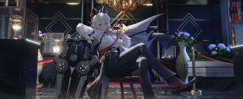 1girl absurdres adjusting_clothes adjusting_necktie ahoge black_choker black_gloves black_horns black_pants black_shoes breasts button_gap chest_harness choker closed_mouth collared_shirt crossed_legs curled_horns gloves grey_hair hair_between_eyes harness high-waist_pants high_heels highres horns indoors large_breasts long_hair looking_at_viewer missing_commentary multicolored_hair necktie pants rain_sama red_eyes red_necktie shield shirt shirt_tucked_in shoes solo streaked_hair tail tight_clothes tight_pants white_shirt wuthering_waves zani_(wuthering_waves)