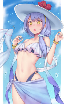 1girl blush elefee familiar fish grey_hair hairband hat highres izumi_(under_night_in-birth) long_hair navel open_mouth side_ponytail soukitsu sun_hat swimsuit under_night_in-birth under_night_in-birth_2_sys:celes yellow_eyes yellow_hairband