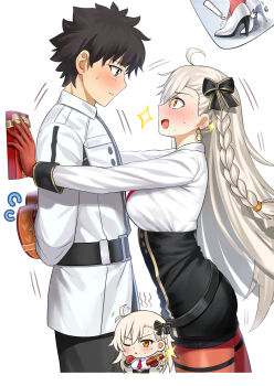 Rule 34 | 1boy, 1girl, belt, besmiled, black pants, black skirt, blue eyes, blush, box, breasts, brown hair, chaldea uniform, chibi, collared shirt, commentary, earrings, english commentary, fate/grand order, fate (series), fujimaru ritsuka (male), gift, gift box, gloves, grey hair, hair ribbon, high-waist skirt, high heels, highres, jewelry, large breasts, long hair, long sleeves, necktie, olga marie animusphere, olga marie animusphere (unbeast), open mouth, orange eyes, orange gloves, orange pantyhose, pants, pantyhose, pencil skirt, ribbon, shirt, short hair, skirt, thighs, valentine, white shirt