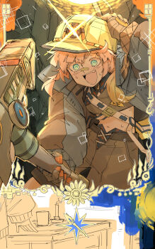 1girl :d @_@ backpack bag bandaid bandaid_on_face bandaid_on_nose blue_coat blue_eyes brown_shorts coat commentary_request crop_top fang fate/grand_order fate_(series) gloves grand_servant_(fate/grand_order) grey_gloves hand_on_own_head hard_hat helmet high_collar highres holding holding_pickaxe huge_weapon kankan33333 long_sleeves midriff navel open_clothes open_coat open_mouth orange_hair oversized_object pickaxe shorts smile solo teeth upper_teeth_only van_gogh_(fate) van_gogh_(miner)_(fate) weapon