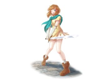 1girl absurdres blue_eyes boots brick_floor brown_boots brown_hair commentary_request elbow_gloves fire_emblem fire_emblem:_path_of_radiance gloves green_headband hair_tubes headband highres holding holding_sword holding_weapon looking_at_viewer mist_(fire_emblem) mist_(path_of_radiance)_(fire_emblem) nintendo one_eye_closed open_mouth orange_trim powderkinako simple_background solo sword weapon white_background