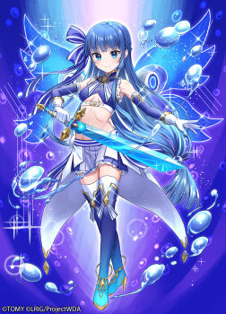 1girl 90kyuuri blue_boots blue_eyes blue_shirt boots closed_mouth copyright_notice cropped_shirt elbow_gloves gloves high_heel_boots high_heels highres holding holding_sword holding_weapon long_hair looking_at_viewer navel official_art sakigake_rei shirt smile solo sword thigh_boots weapon white_gloves wings wixoss