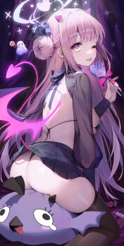 1girl absurdres ass blue_archive candy food halloween highres horns lemonpear lollipop long_hair mika_(blue_archive) one_eye_closed pink_hair pink_horns sitting smile solo yellow_eyes