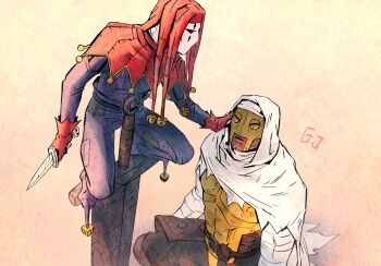 2boys armor bandaged_arm bandages bell black_eyes black_pants blue_pants blue_shirt breastplate capelet closed_mouth commentary dagger darkest_dungeon film_grain gloves gwahaeyo half_mask hand_on_another's_face hat highres holding holding_dagger holding_knife holding_weapon hood hood_up hooded_capelet jester_(darkest_dungeon) jester_cap kneeling knife leather_armor leper_(darkest_dungeon) long_sleeves mask multiple_boys no_pupils pants patchwork_clothes planted planted_sword planted_weapon red_gloves red_hat red_shawl shawl shirt signature simple_background studded_armor sword weapon white_capelet white_hood white_mask yellow_mask yellow_trim