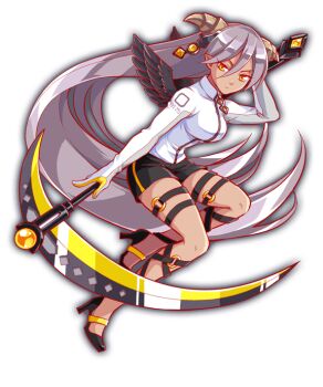 angel_wings anime_coloring arm_behind_head artist_request baphomet_(crash_fever) black_footwear black_straps black_wings breasts brown_horns closed_mouth collar collared_jacket crash_fever cross-laced_clothes cross-laced_legwear dark-skinned_female dark_skin frown full_body game_cg grey_hair hair_between_eyes holding holding_scythe horns jacket large_breasts legs_apart long_hair looking_to_the_side low_horns lowered_eyelids mini_wings number_print numbered o-ring o-ring_legwear o-ring_thigh_strap official_art outline pointy_ears print_sleeve_cuffs red_outline scythe short_shorts shorts simple_background sleeves_past_fingers sleeves_past_wrists solo square square_print straight_hair strappy_heels tachi-e thigh_strap third-party_source transparent_background turtleneck turtleneck_jacket very_long_hair white_collar white_jacket white_sleeves wings yellow_eyes zipper zipper_pull_tab