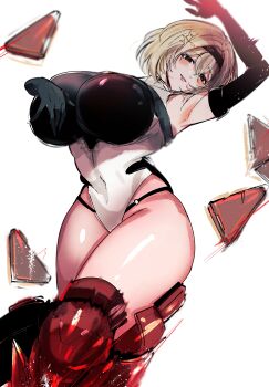 1girl absurdres armpits black_gloves blush breasts covered_navel debris dimjh elbow_gloves gloves goddess_of_victory:_nikke hair_between_eyes hair_ornament head_tilt highleg highres huge_breasts knee_armor leotard red_shoes_(nikke) shiny_skin smile solo thighs white_background