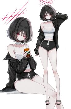 Rule 34 | 1girl, alternate costume, arm behind head, arm up, armpit crease, bandaged neck, bandages, bare legs, black bra, black hair, black jacket, black mask, black shorts, blue archive, bra, bra visible through clothes, breasts, camisole, casual, collarbone, crop top, cup, disposable cup, dolphin shorts, expressionless, full body, halo, highres, holding, holding cup, jacket, jacket partially removed, looking at viewer, mask, mask pull, medium breasts, misaki (blue archive), mouth mask, multiple views, nail polish, open clothes, open jacket, red eyes, sain mx0, short hair, short shorts, shorts, simple background, single bare shoulder, sitting, slippers, steam, toenail polish, toenails, underwear, white background, white camisole