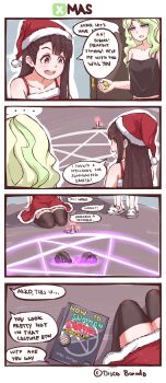 2girls 4koma artist_name black_hair black_thighhighs blue_eyes christmas comic demon diana_cavendish disco_brando dress english_text green_hair hat highres horns kagari_atsuko little_witch_academia long_hair magic_circle meme multiple_girls night pentagram red_dress red_eyes santa_costume santa_hat seiza sitting sleeveless slippers source_request strap_slip summoning thighhighs walk-in yuri zettai_ryouiki