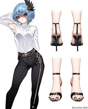 1girl absurdres arm_behind_head armpits black_nails black_shoes blue_eyes blue_hair clenched_teeth commentary_request ecchi-o feet foot_focus glaring hair_ornament high_heels highres hololive hoshimachi_suisei looking_at_viewer multiple_views nail_polish paid_reward_available shaded_face shoes short_hair simple_background teeth toenail_polish toenails white_background