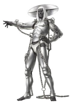 Rule 34 | 1boy, abs, armor, baldur (megami tensei), chain, colored skin, demon (megami tensei), devil survivor (series), devil survivor 1, facial mark, full body, grey skin, hand on own hip, highres, kazuma kaneko, long hair, male focus, official art, outstretched hand, solo, third-party source, toeless legwear, transparent background, white hair