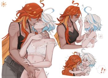 !? 2girls ahoge anger_vein between_legs bite_mark bite_mark_on_arm bite_mark_on_breast bite_mark_on_face black_tank_top blonde_hair blue_streaks bra breasts closed_mouth commentary dark_skin eni_(enidaisy69) fingering furina_(genshin_impact) genshin_impact hickey highres kiss long_hair mavuika_(genshin_impact) multicolored_hair multiple_girls open_mouth red_hair saliva saliva_trail scar scar_on_arm simple_background small_breasts smile spoken_anger_vein spoken_interrobang tank_top tongue tongue_out two-tone_hair underwear white_background white_bra white_hair yuri