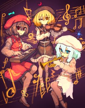 Rule 34 | 3girls, absurdres, alternate headwear, beret, black hat, black shoes, black skirt, black vest, blonde hair, blue eyes, blue hair, bow (music), bow (weapon), brown hair, commentary, crescent, crescent hat ornament, frilled skirt, frills, hat, hat ornament, highres, holding, holding bow (weapon), holding instrument, holding trumpet, holding violin, holding weapon, instrument, keyboard (instrument), korean commentary, long sleeves, lunasa prismriver, lyrica prismriver, merlin prismriver, multiple girls, music, musical note, musical staff, pink hat, pink skirt, playing instrument, rampa93, red eyes, red hat, red skirt, red vest, shoes, siblings, sisters, skirt, smile, socks, star (symbol), star hat ornament, touhou, trumpet, vest, violin, weapon, white socks, yellow eyes